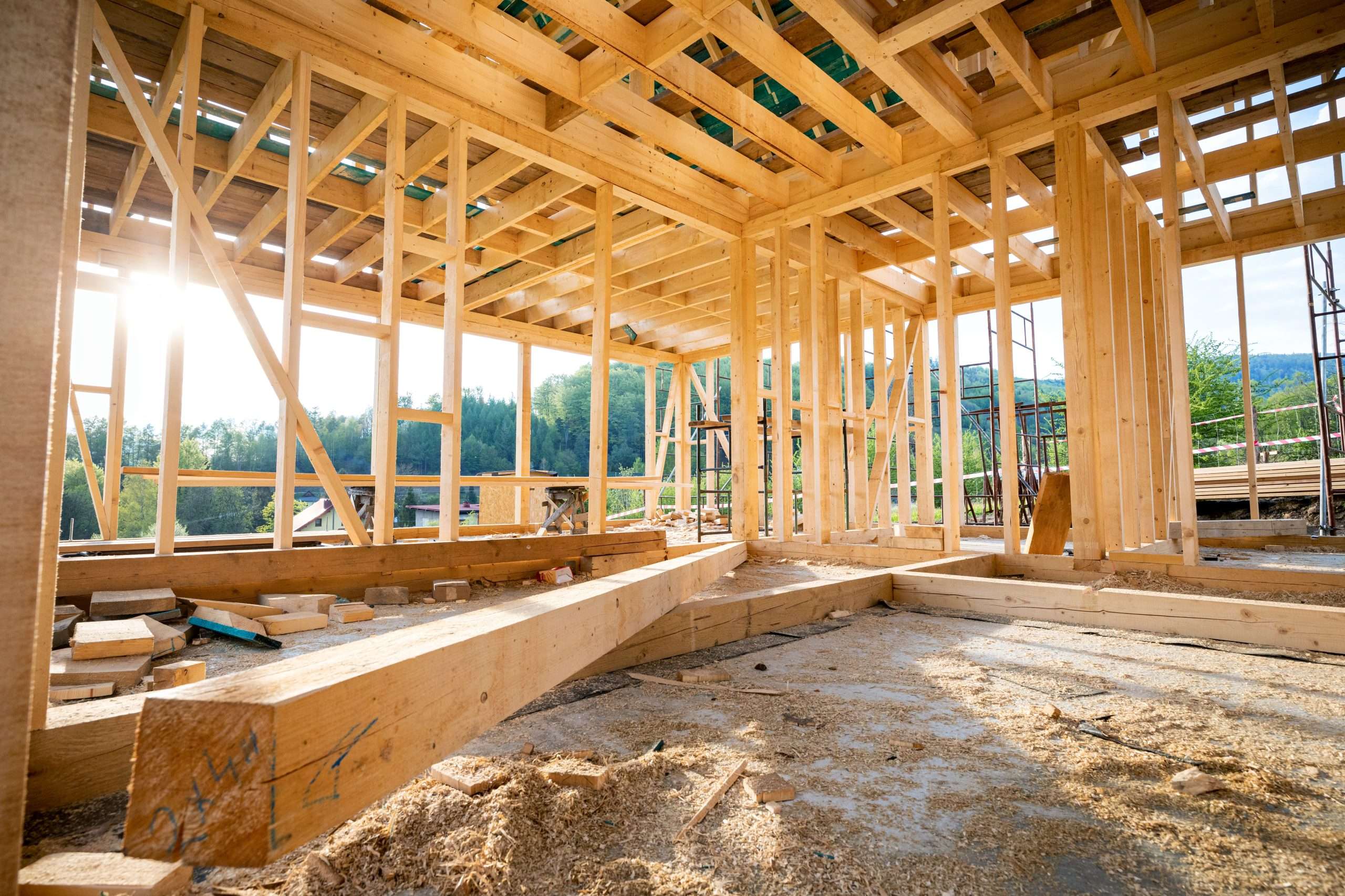 Interior frame of new wooden house under construction