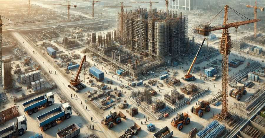 A busy construction site with workers and heavy machinery.