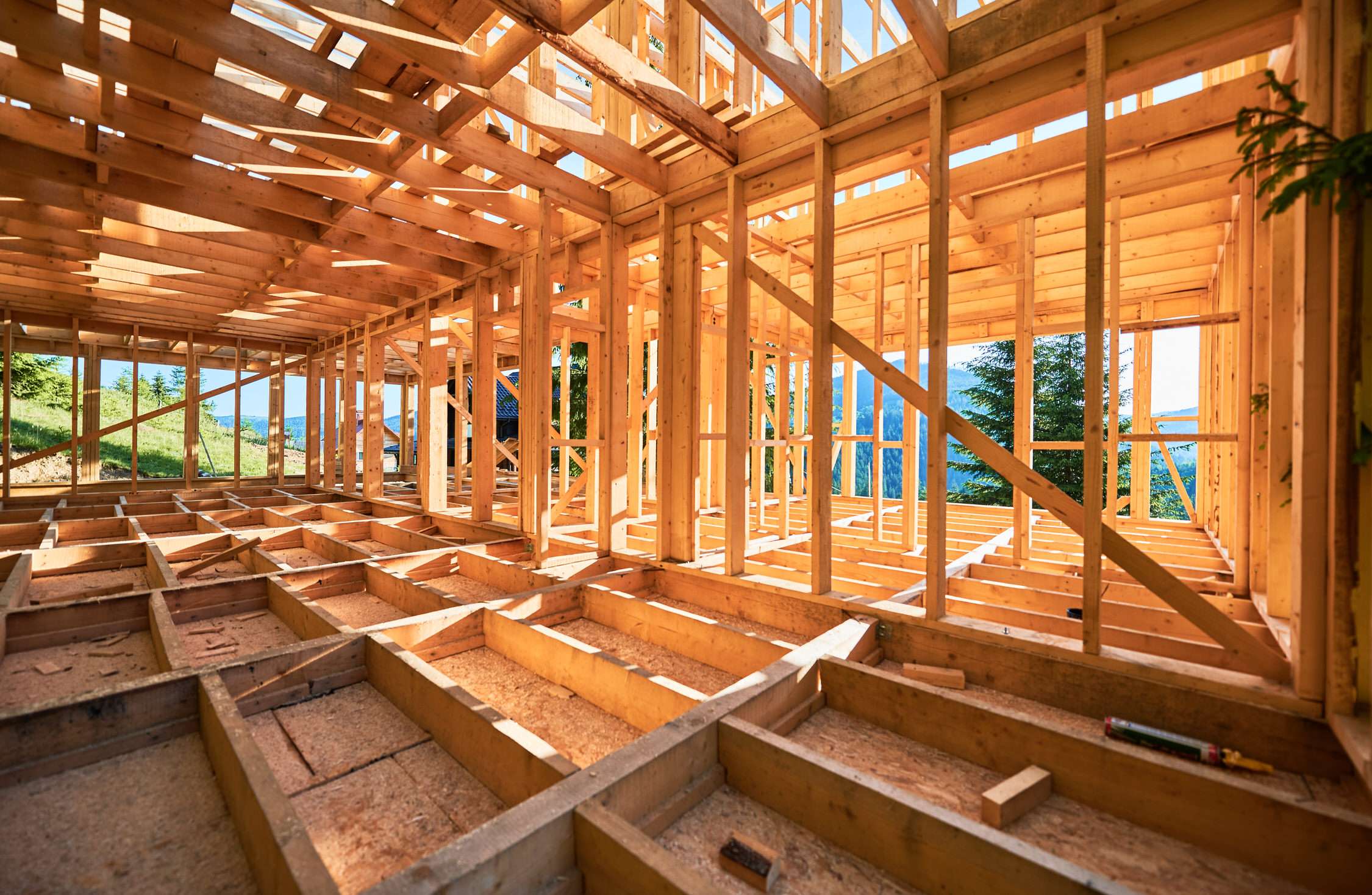 Wooden frame house under construction near forest.